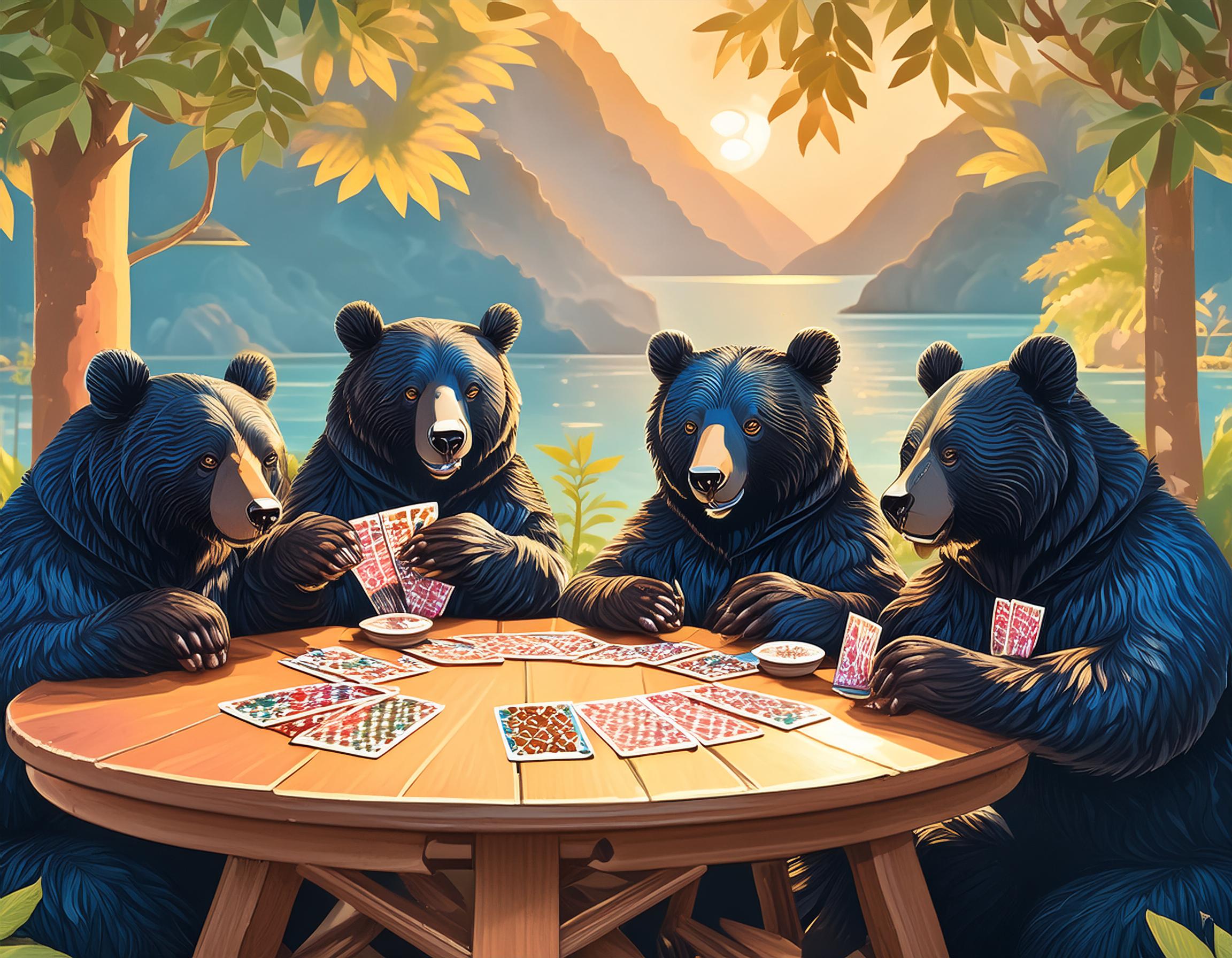 Firefly four black bears dressed in summer clothes sit around a card table playing bridge 22830b